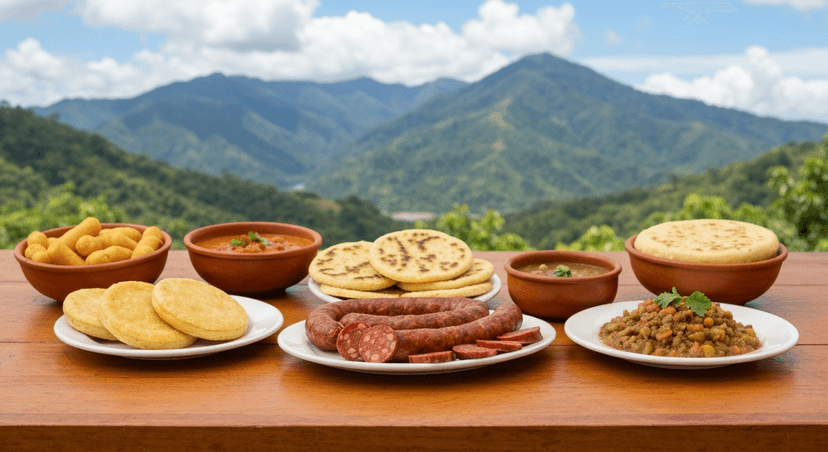 Panorámica gastronómica de Colombia con mesa al aire libre mostrando diversidad regional: pescado del Caribe, bandeja paisa, arepas, frutas tropicales y fríjoles. Fondo con montañas de los Andes y luz cálida tropical. Estilo fotográfico realista, composición horizontal (1920×800), tonos vibrantes que transmitan diversidad y orgullo colombiano.